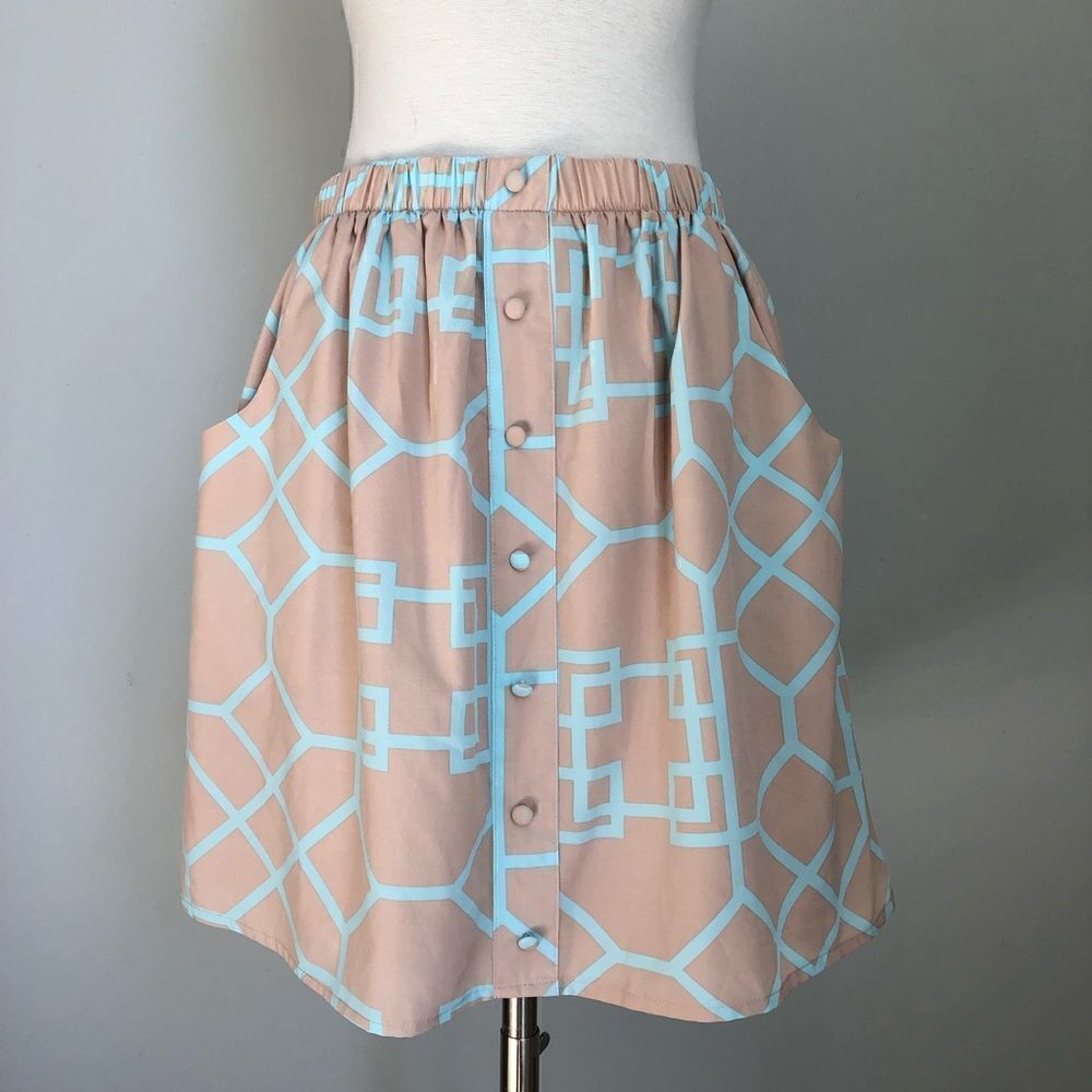 Emmelee Printed Turquoise Tan Mini Skirt Size Medium Pocket Elastic-band Button